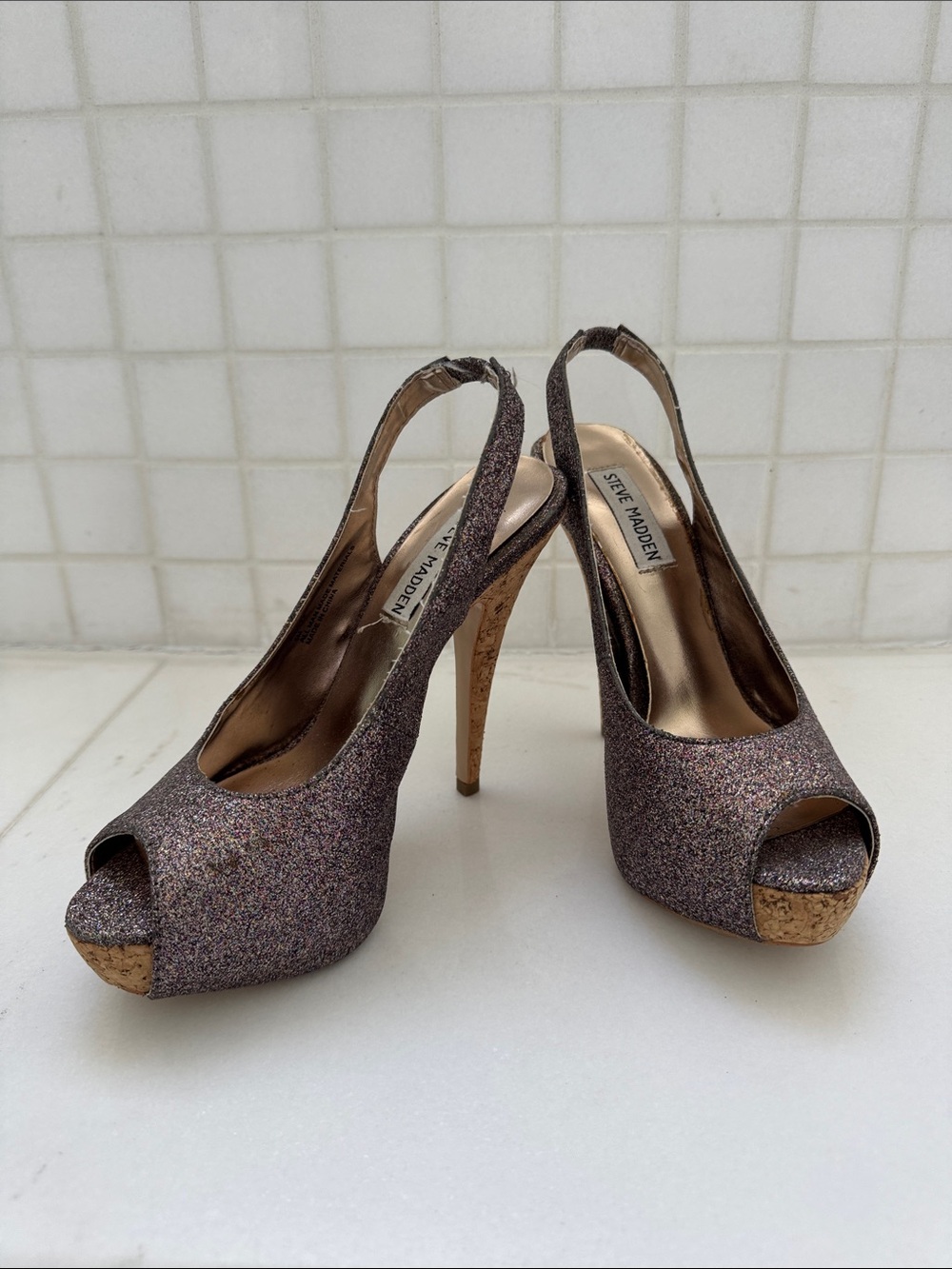 Steve Madden Glitter Slingback Peep-Toe Pumps in Multicolor Sparkle, 5